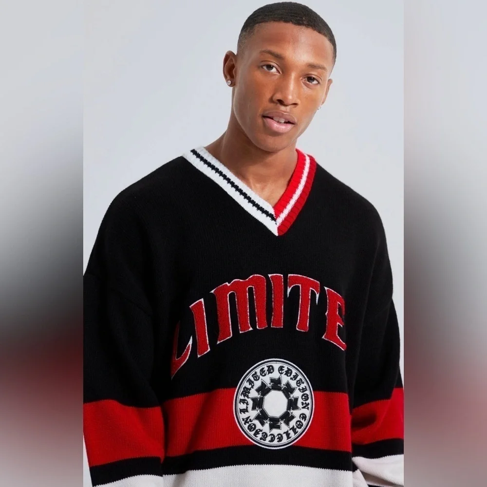 Boohoo MAN Limited Varsity V-Neck Knit Sweater NWT – Men’s XS Black Red White